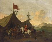 Evert Oudendijck Soldiers resting outside their encampment in an Italianate landscape painting